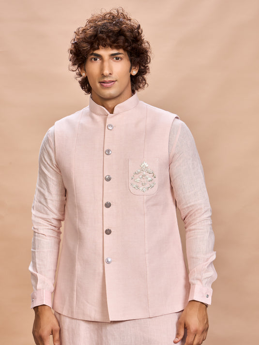 Blush Pink Linen Jacket Kurta Set for Men
