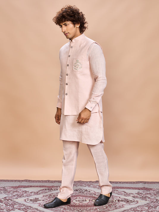 Blush Pink Linen Jacket Kurta Set for Men