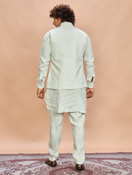 Pista Green Linen Jacket Kurta Set for Men