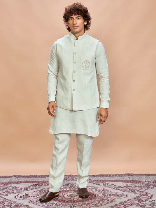 Pista Green Linen Jacket Kurta Set for Men