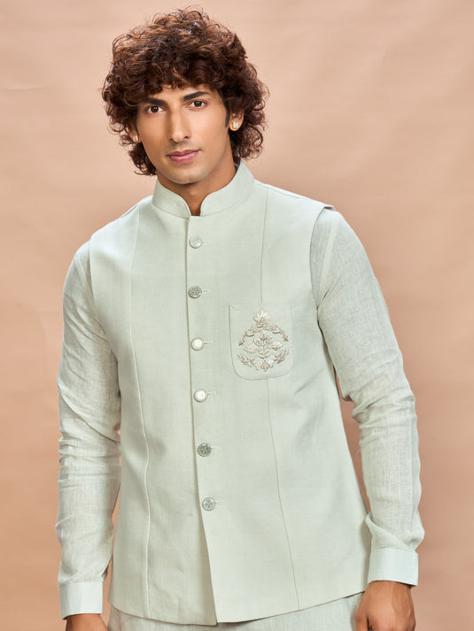 Pista Green Linen Jacket Kurta Set for Men