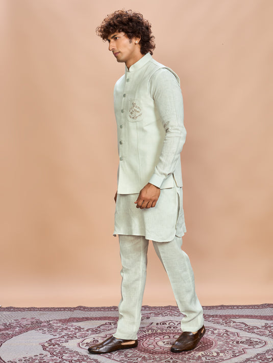 Pista Green Linen Jacket Kurta Set for Men