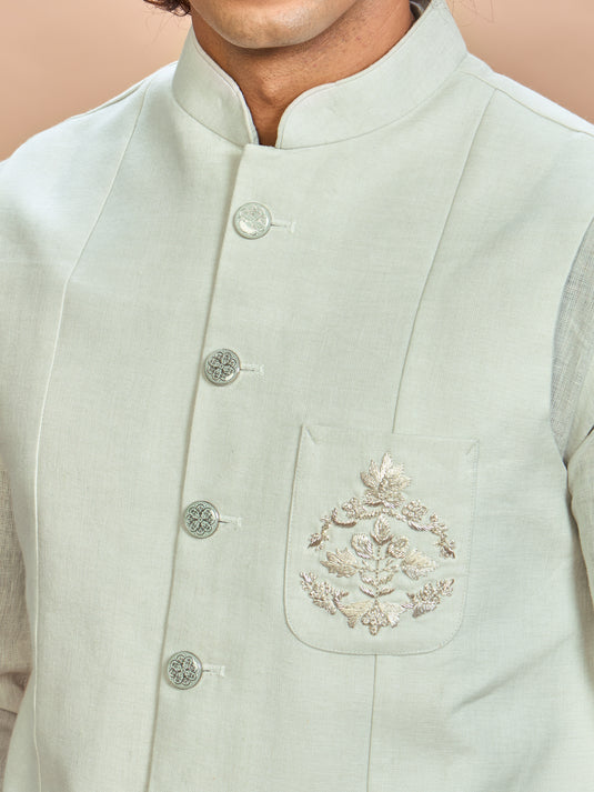 Pista Green Linen Jacket Kurta Set for Men