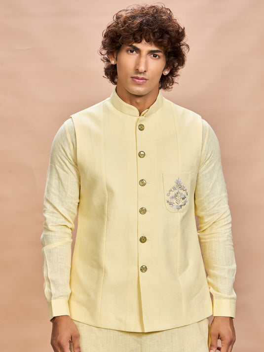 Yellow Linen Jacket Kurta Set for Men