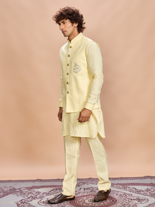 Yellow Linen Jacket Kurta Set for Men