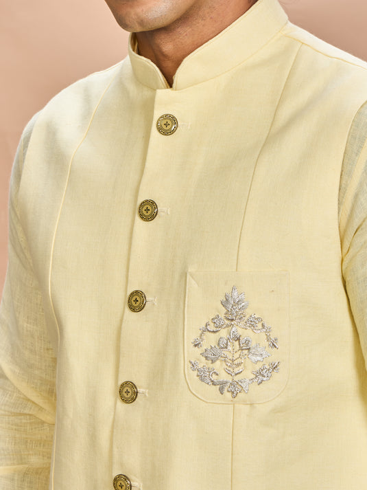 Yellow Linen Jacket Kurta Set for Men