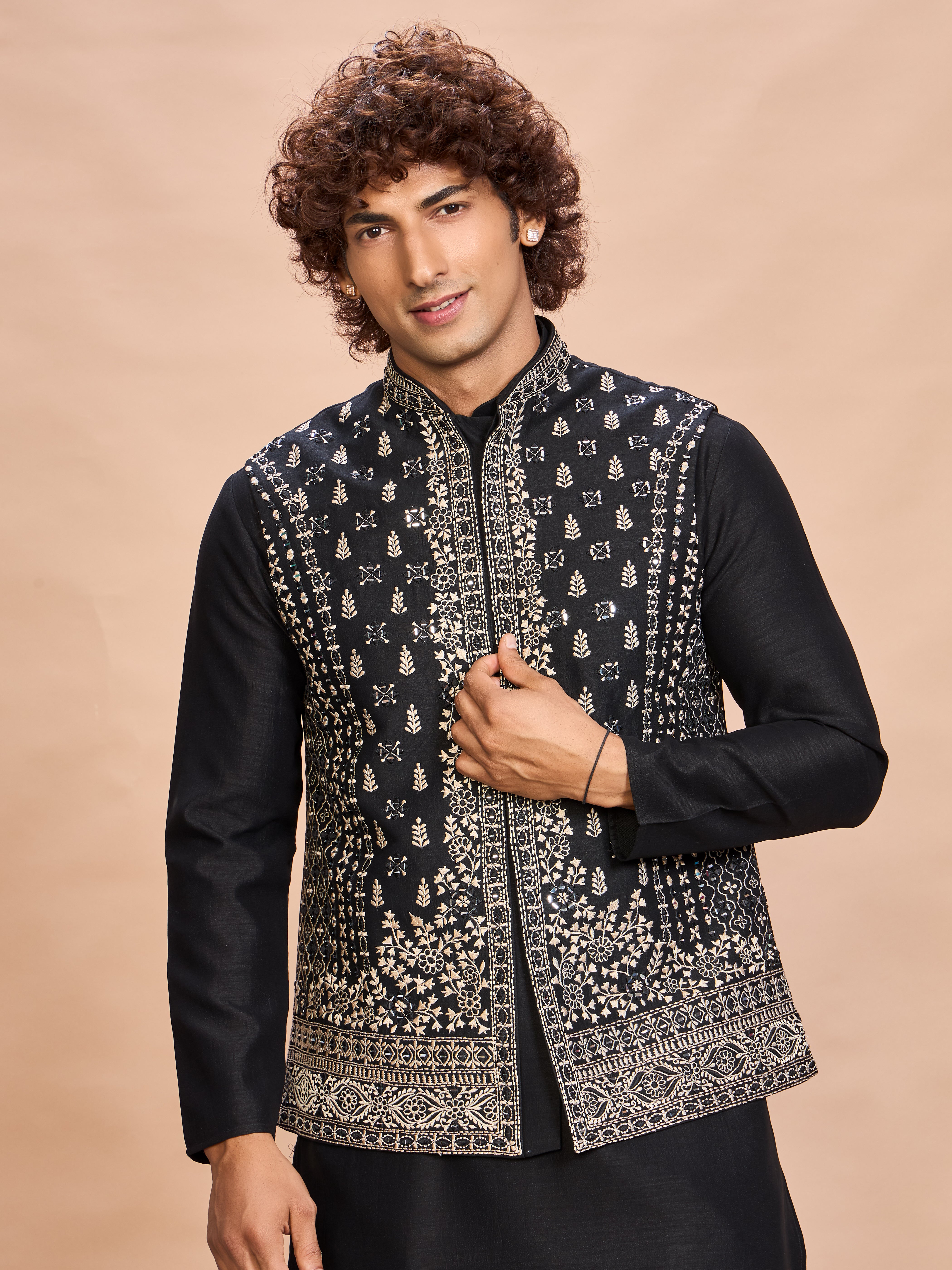 Black Silk Embroidered Jacket Kurta Set for Men