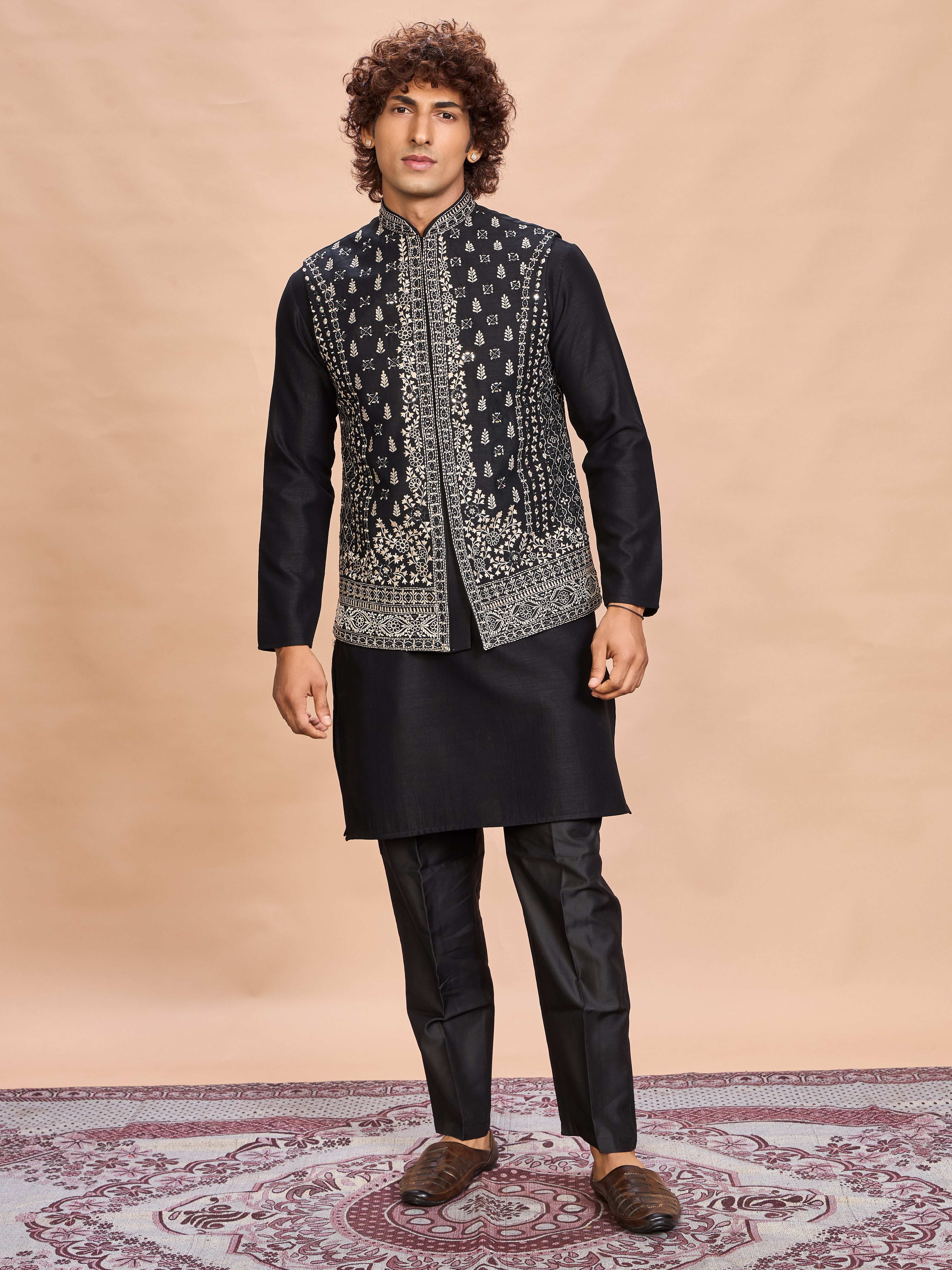 Black Silk Embroidered Jacket Kurta Set for Men