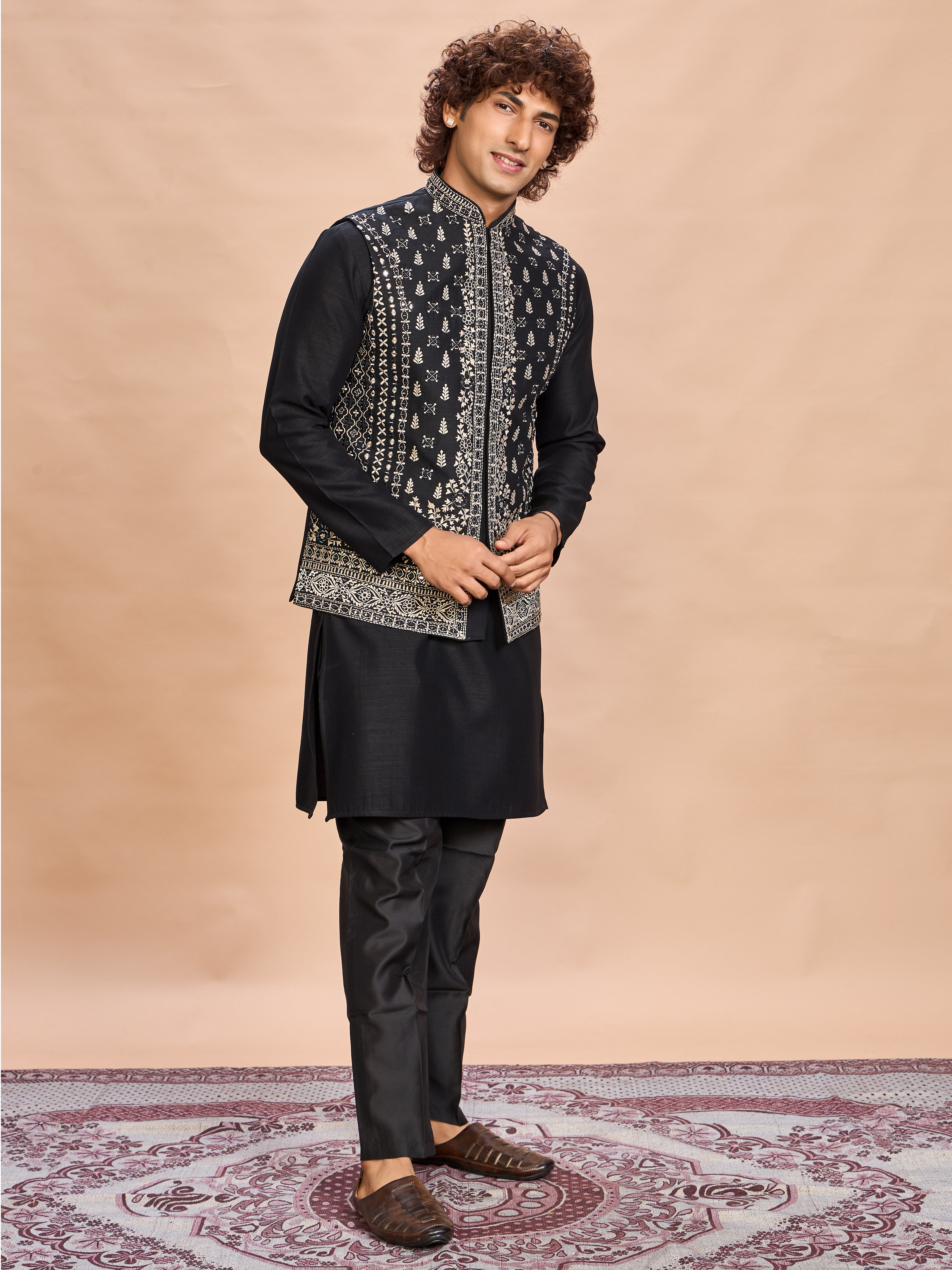 Black Silk Embroidered Jacket Kurta Set for Men