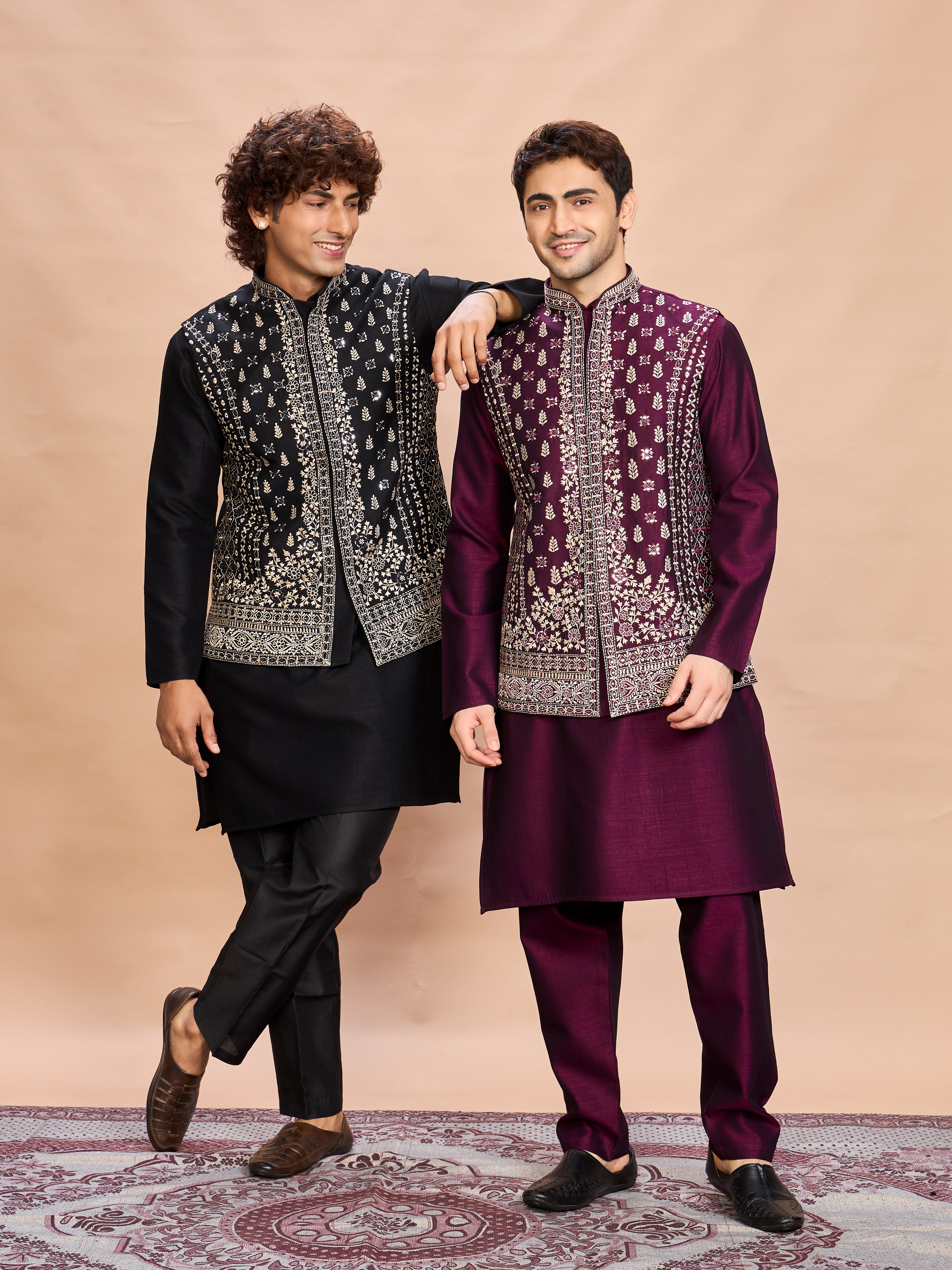 Black Silk Embroidered Jacket Kurta Set for Men