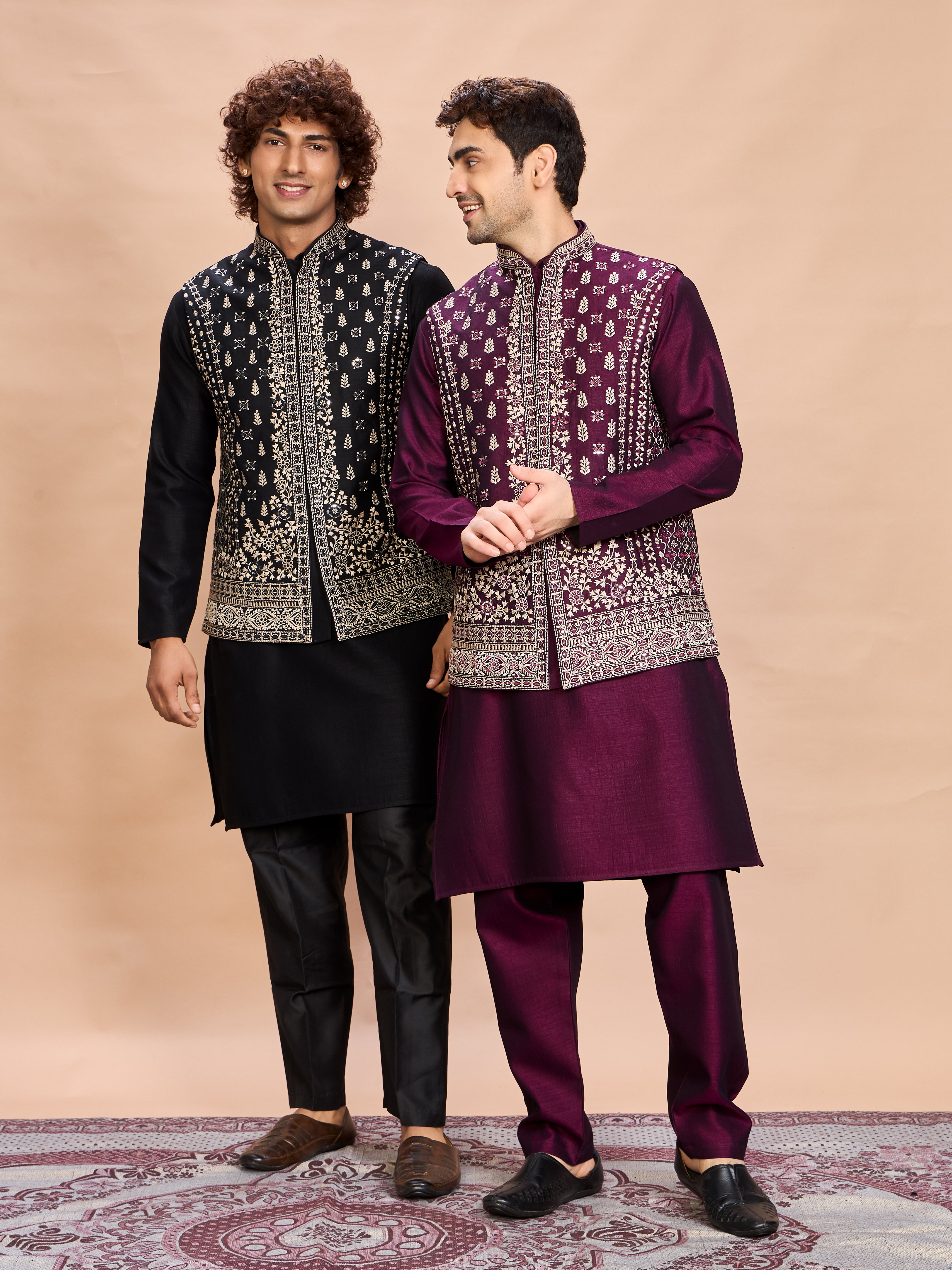 Black Silk Embroidered Jacket Kurta Set for Men