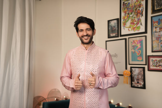 Pink Silk Jacket Kurta Set for Men