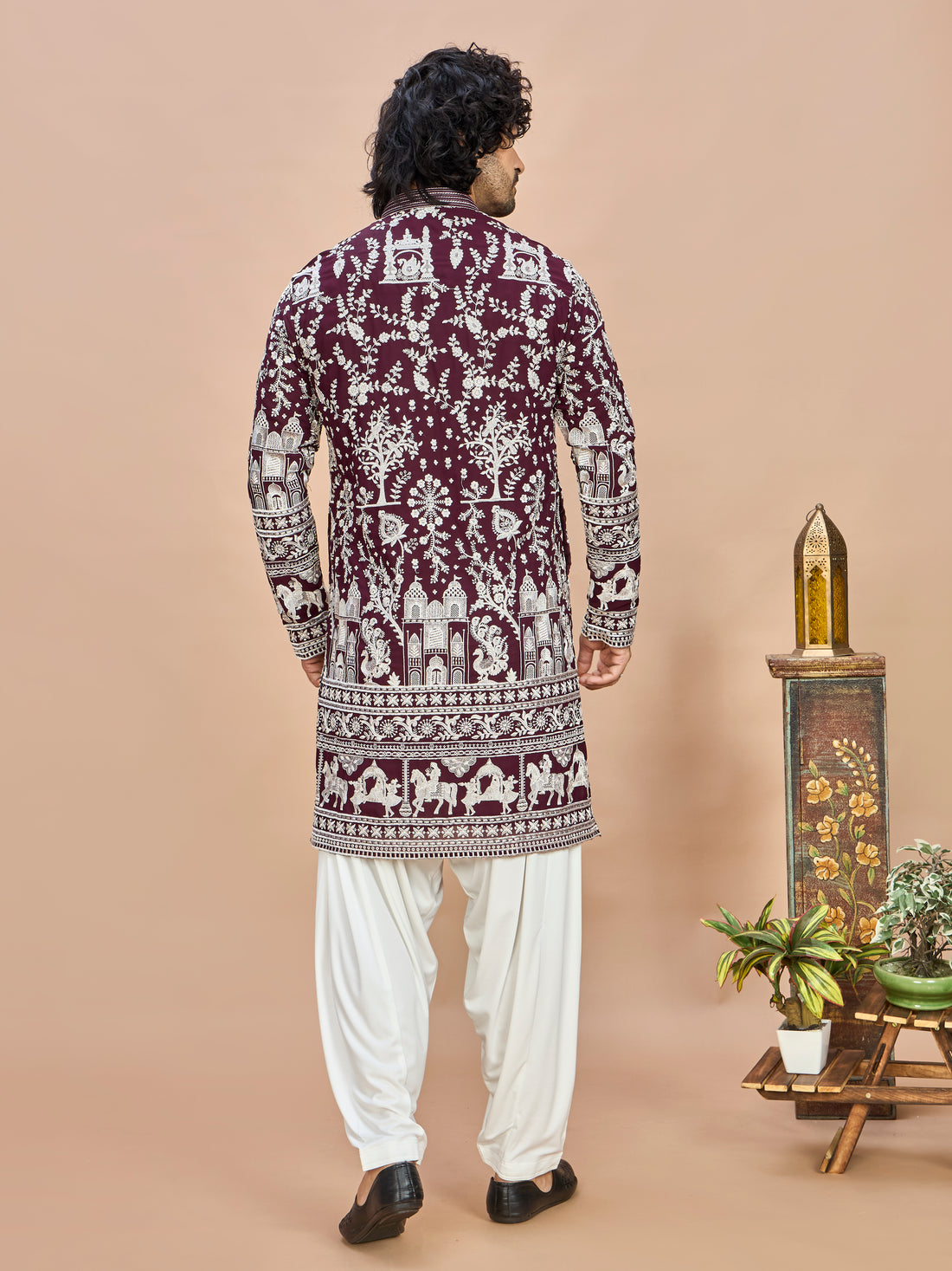 Wine Georgette Embroidered Kurta with Dupatta and Bottom for Men