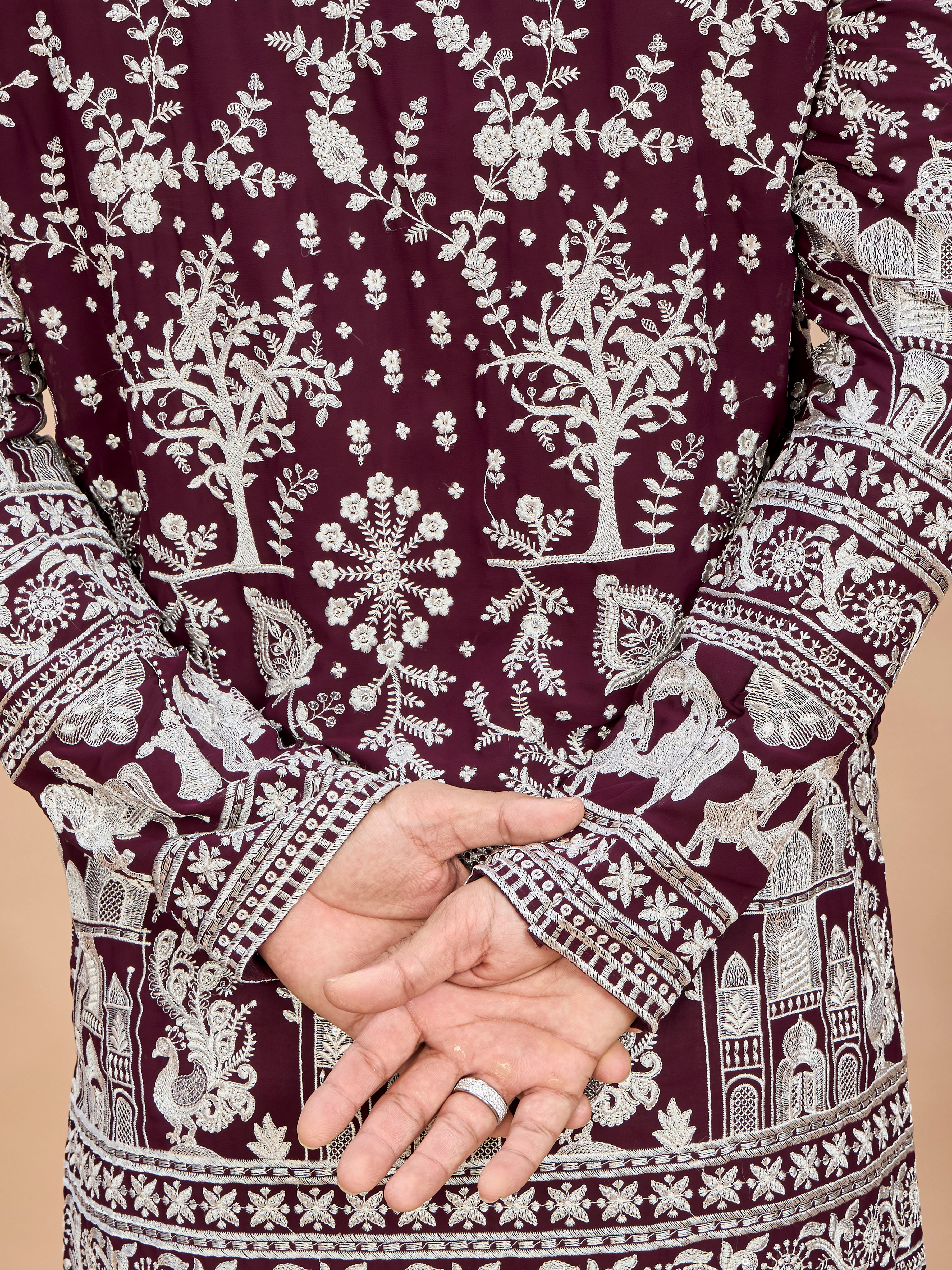 Wine Georgette Embroidered Kurta with Dupatta and Bottom for Men