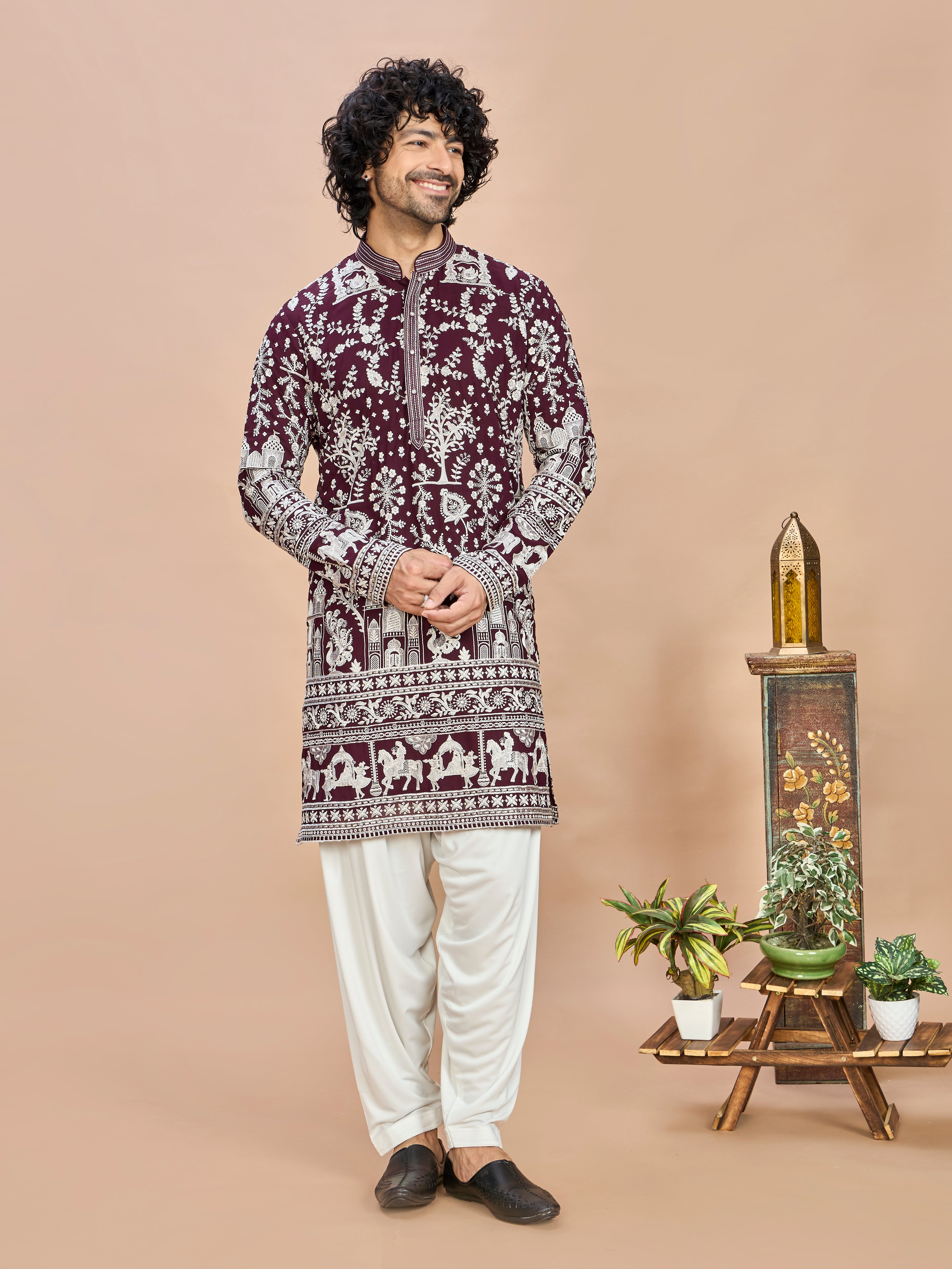 Wine Georgette Embroidered Kurta with Dupatta and Bottom for Men