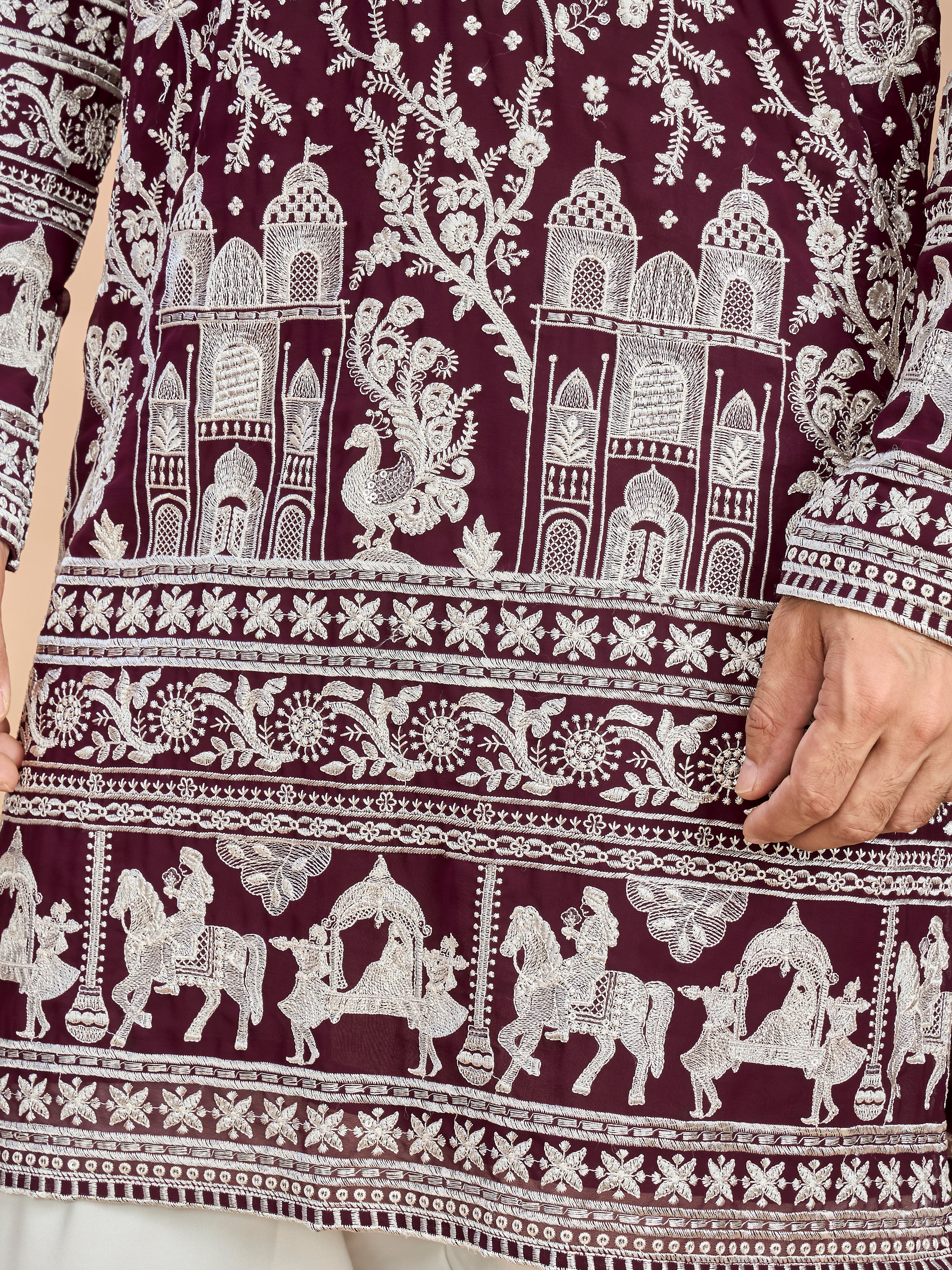Wine Georgette Embroidered Kurta with Dupatta and Bottom for Men