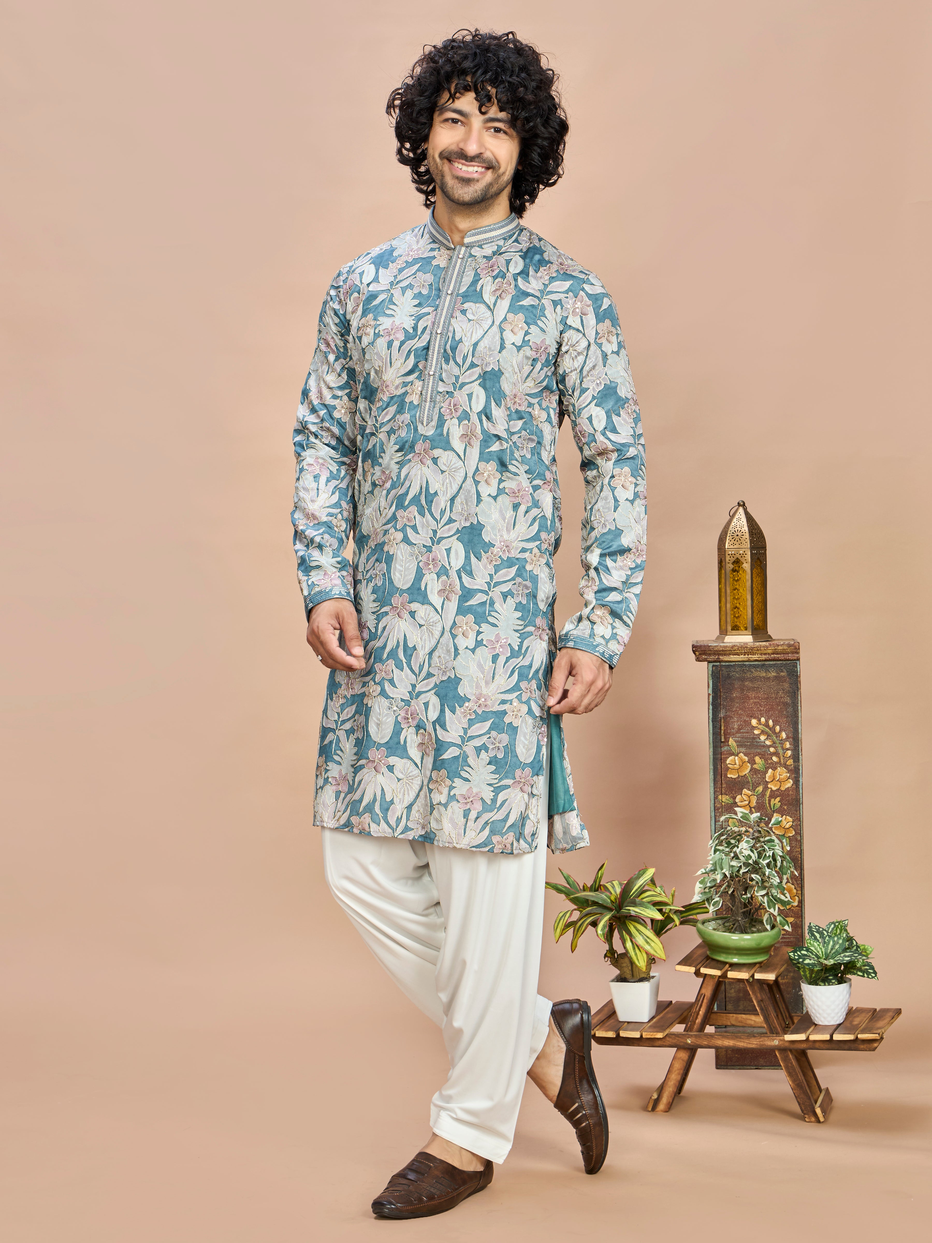 Aqua Floral Embroidered Kurta for Men