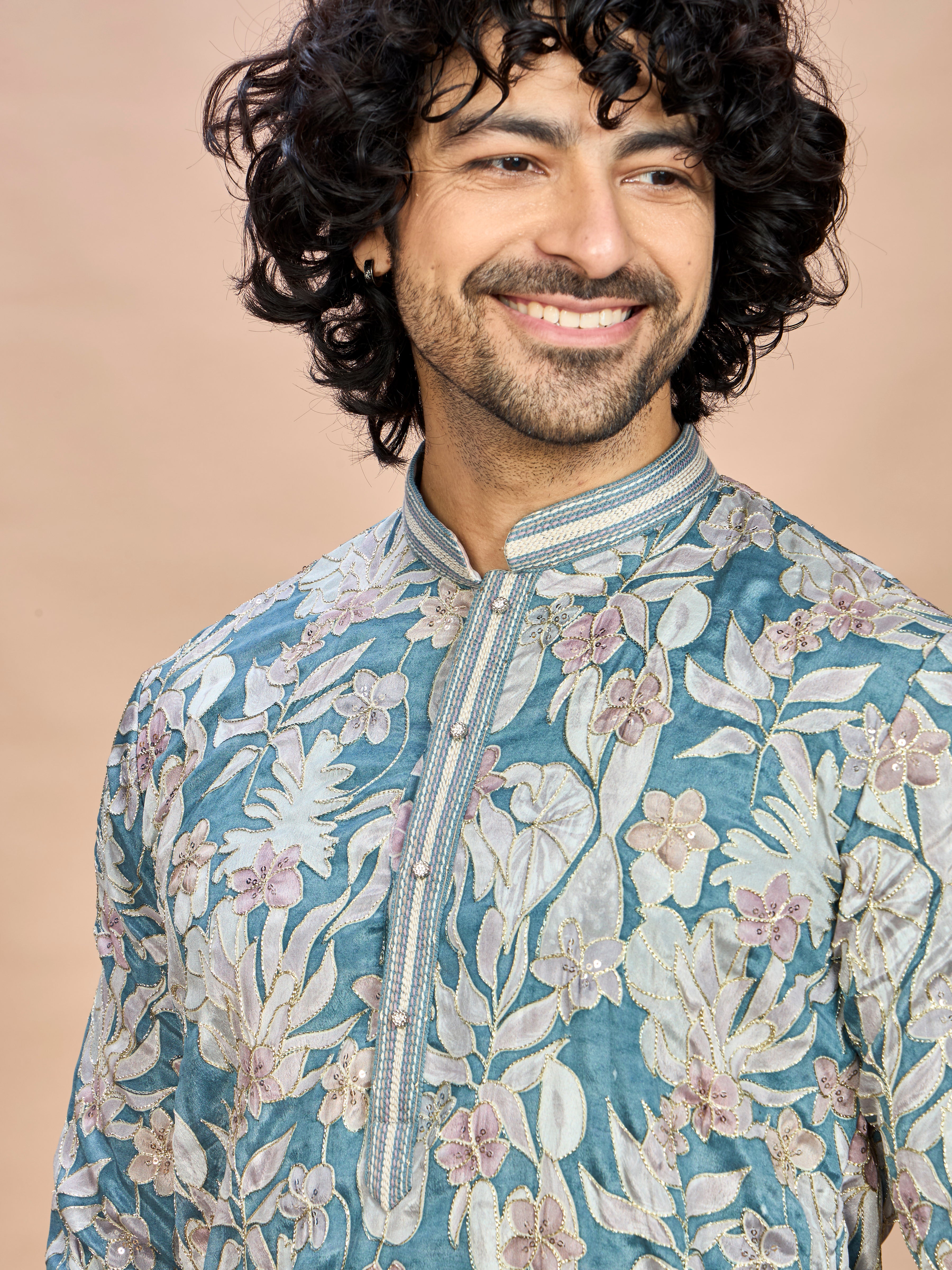 Aqua Floral Embroidered Kurta for Men