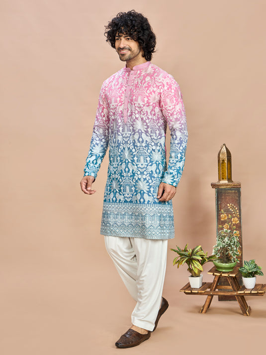 Pink Georgette Embroidered Kurta for Men