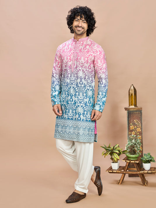 Pink Georgette Embroidered Kurta for Men