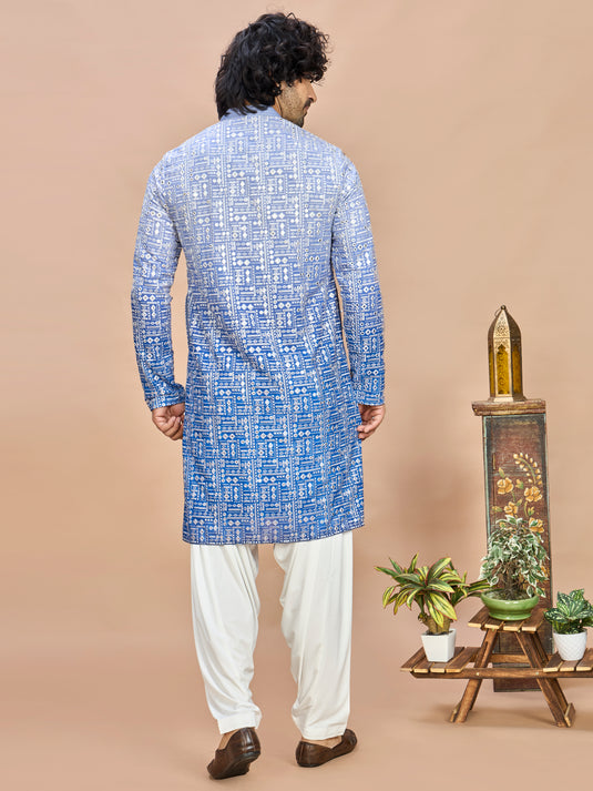 Royal Blue Floral Embroidered Kurta for Men