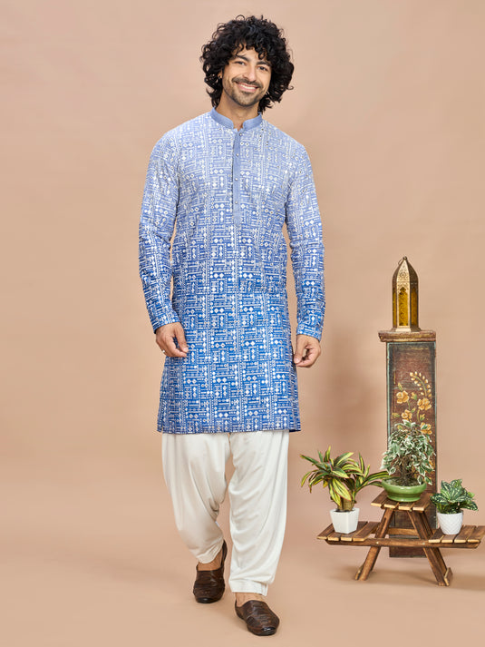 Royal Blue Floral Embroidered Kurta for Men