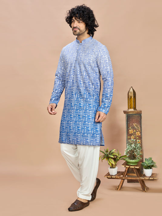 Royal Blue Floral Embroidered Kurta for Men
