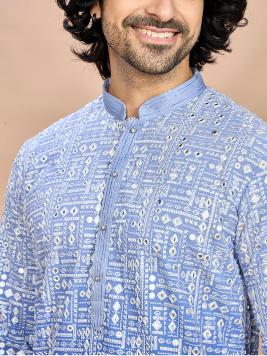 Royal Blue Floral Embroidered Kurta for Men