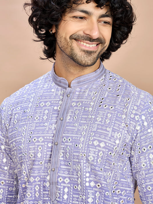 Purple Georgette Embroidered Kurta Set for Men