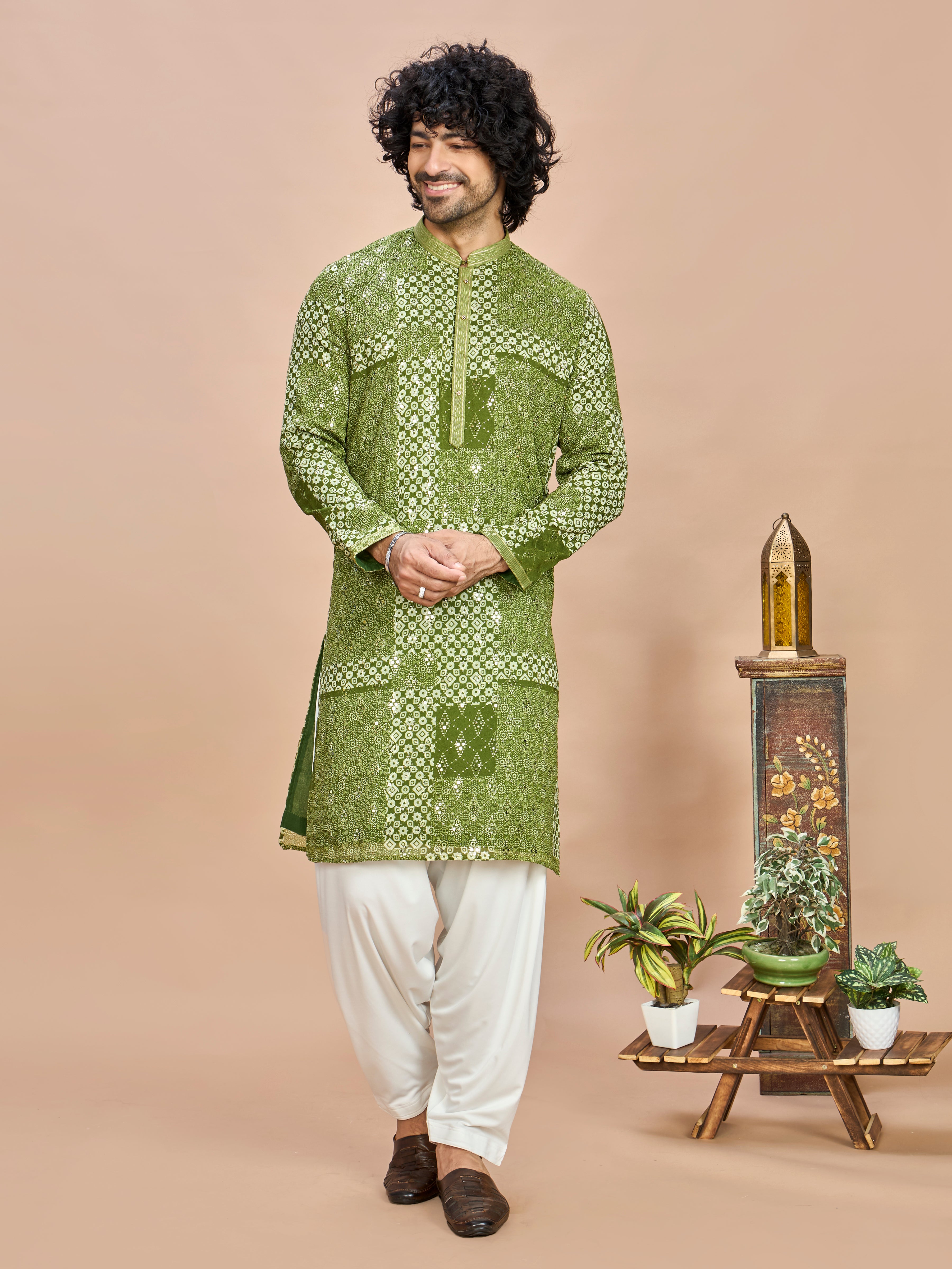 Green Silk Wedding Kurta Set for Men