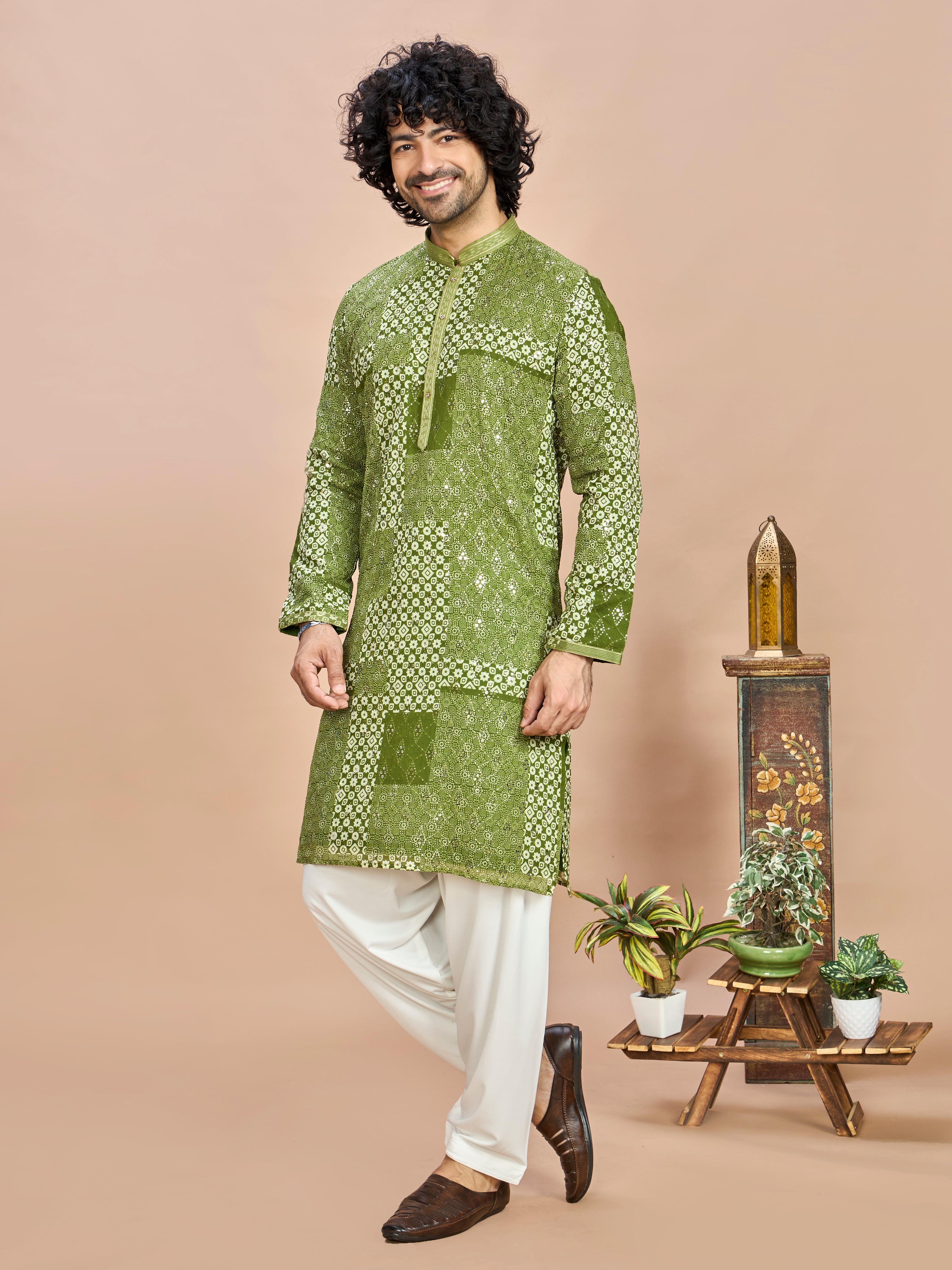 Green Silk Wedding Kurta Set for Men