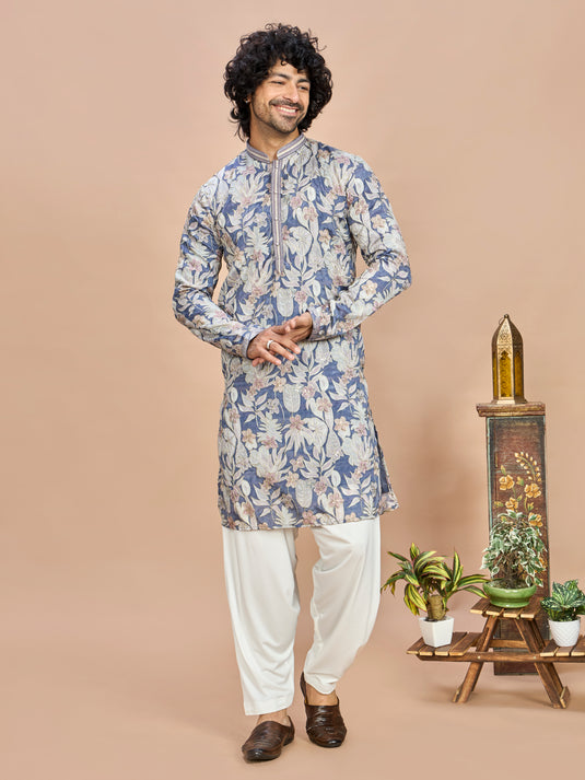 Blue Silk Embroidered Kurta Set for Men