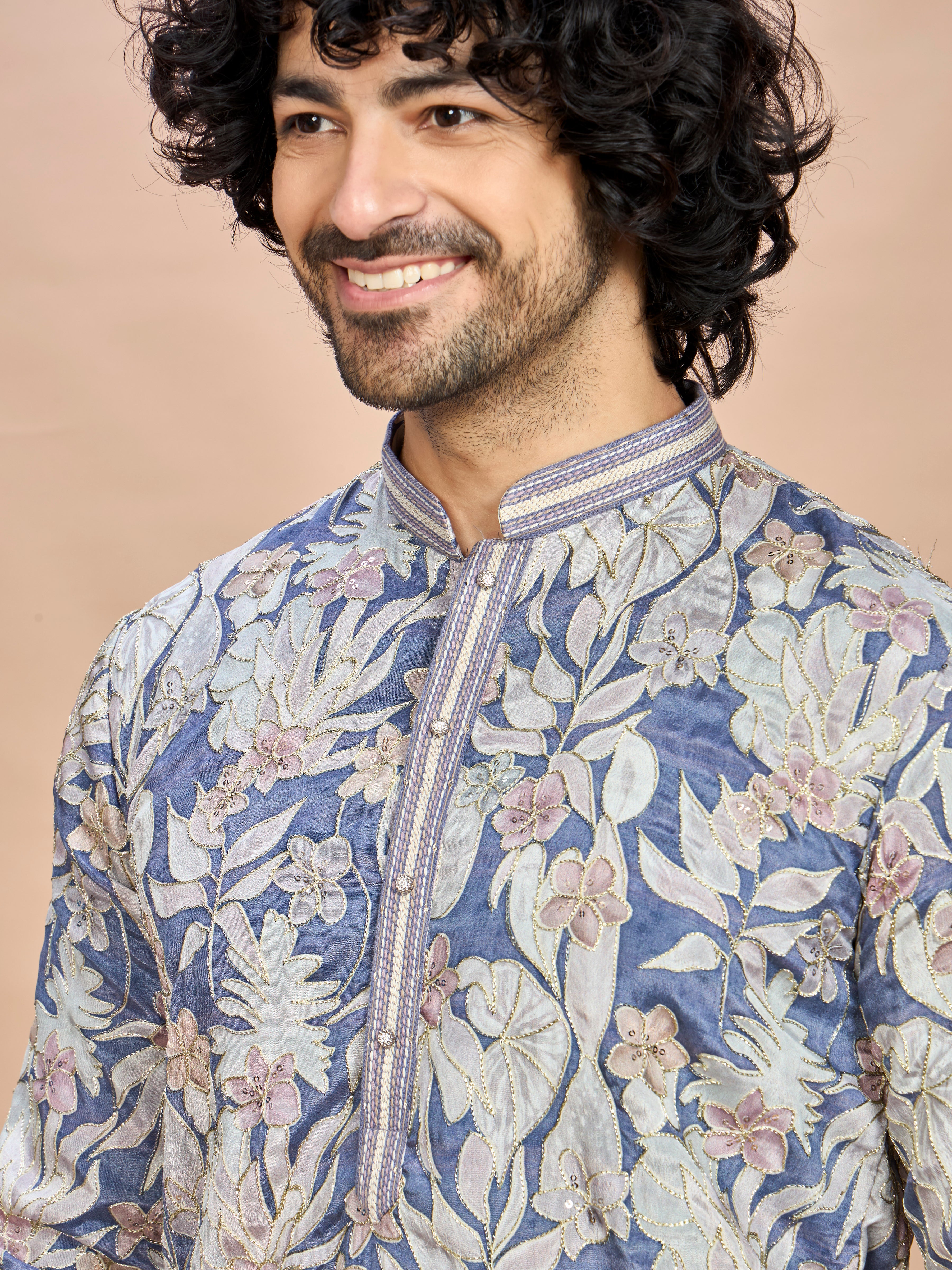 Blue Silk Embroidered Kurta Set for Men