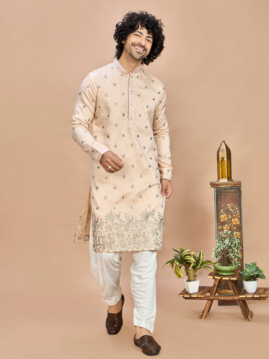Peach Golden Embroidered Kurta for Men