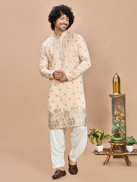 Peach Golden Embroidered Kurta for Men