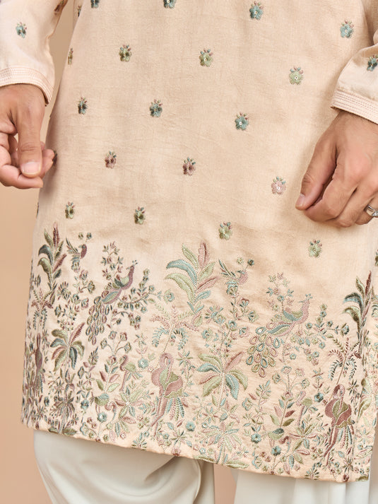 Peach Golden Embroidered Kurta for Men