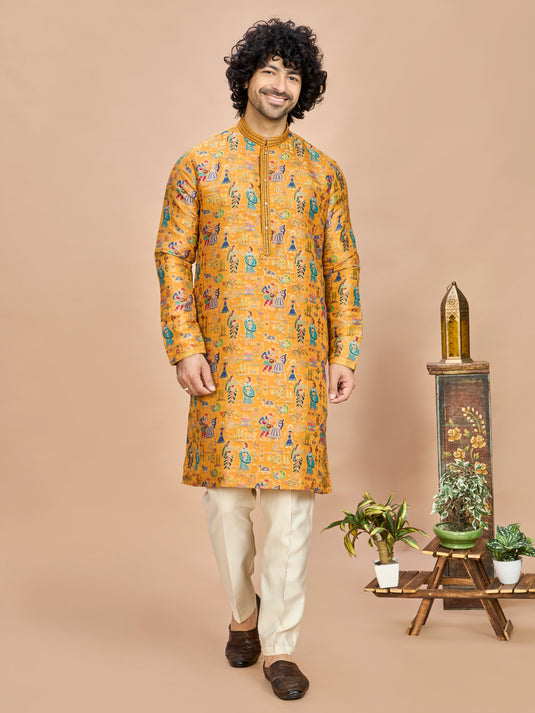 Mustard Heritage Embroidered Kurta for Men