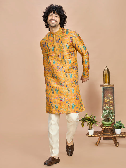Mustard Heritage Embroidered Kurta for Men