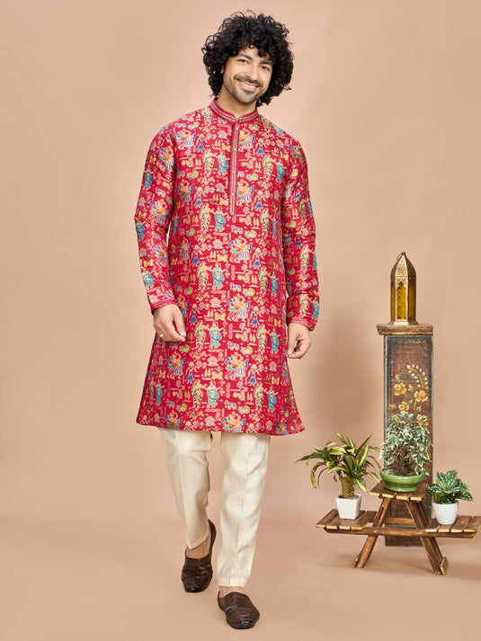 Red Silk Kurta Set for Men