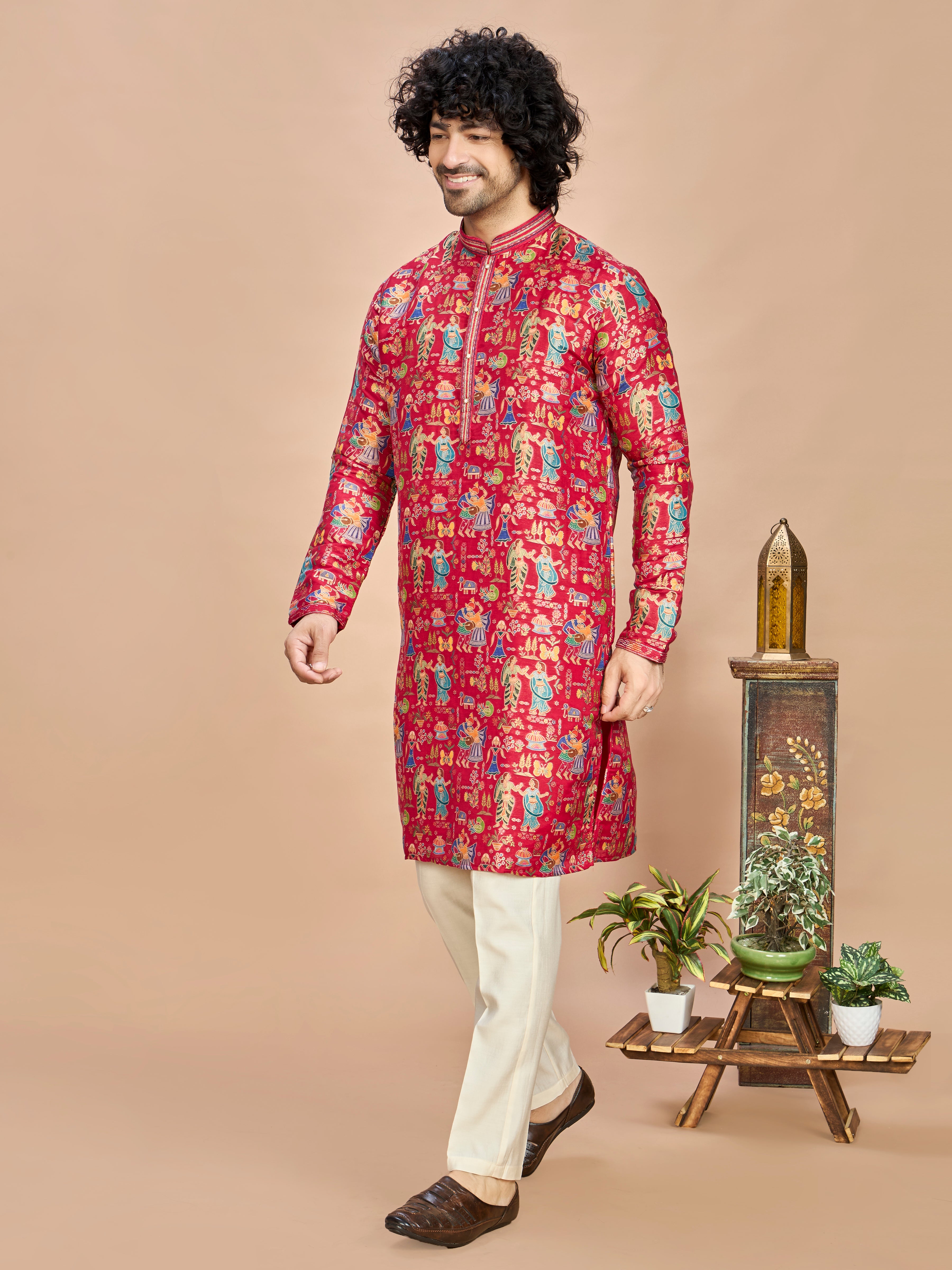 Red Silk Kurta Set for Men