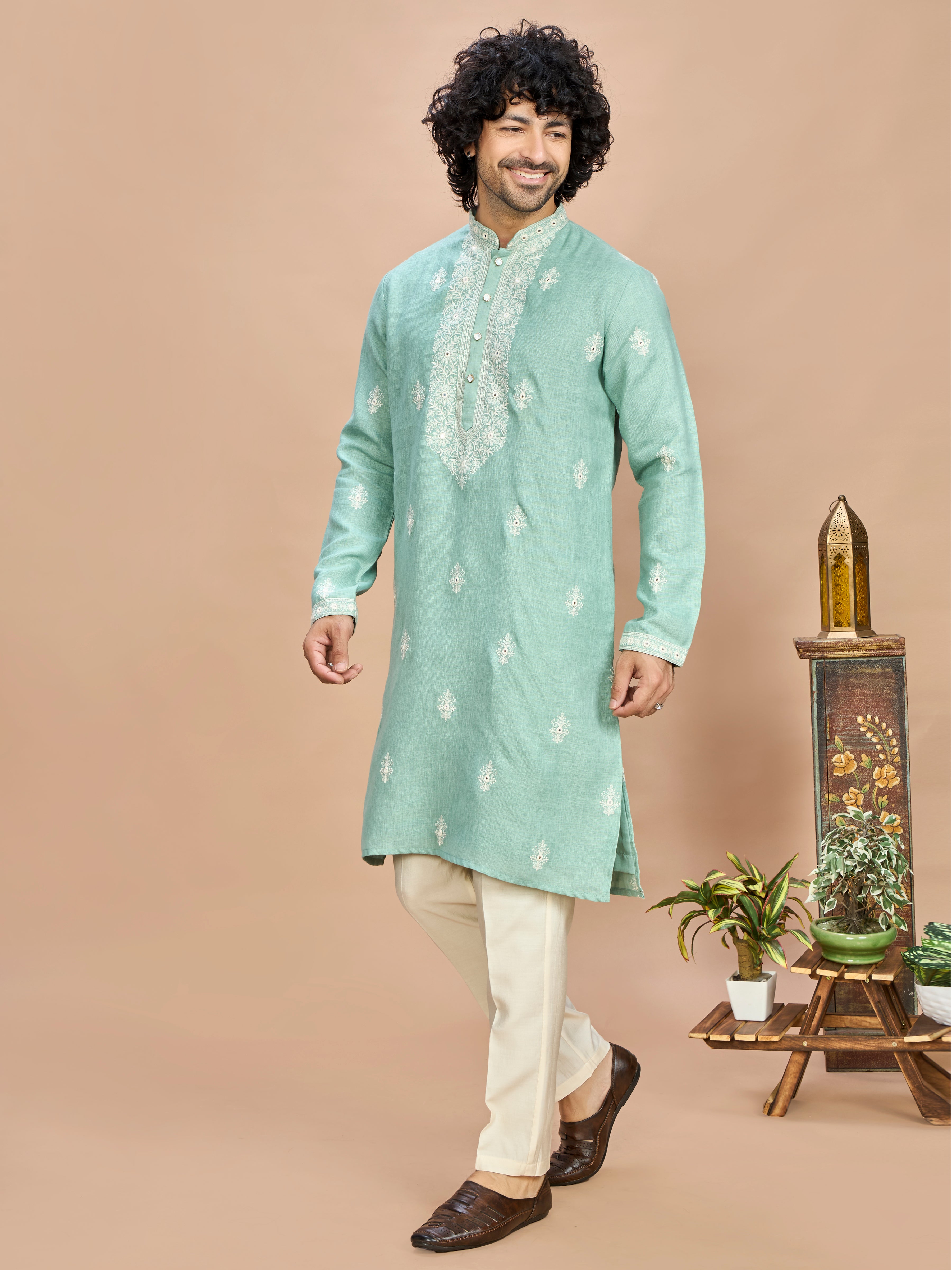 Light Pista Linen Embroidered Kurta Set for Men