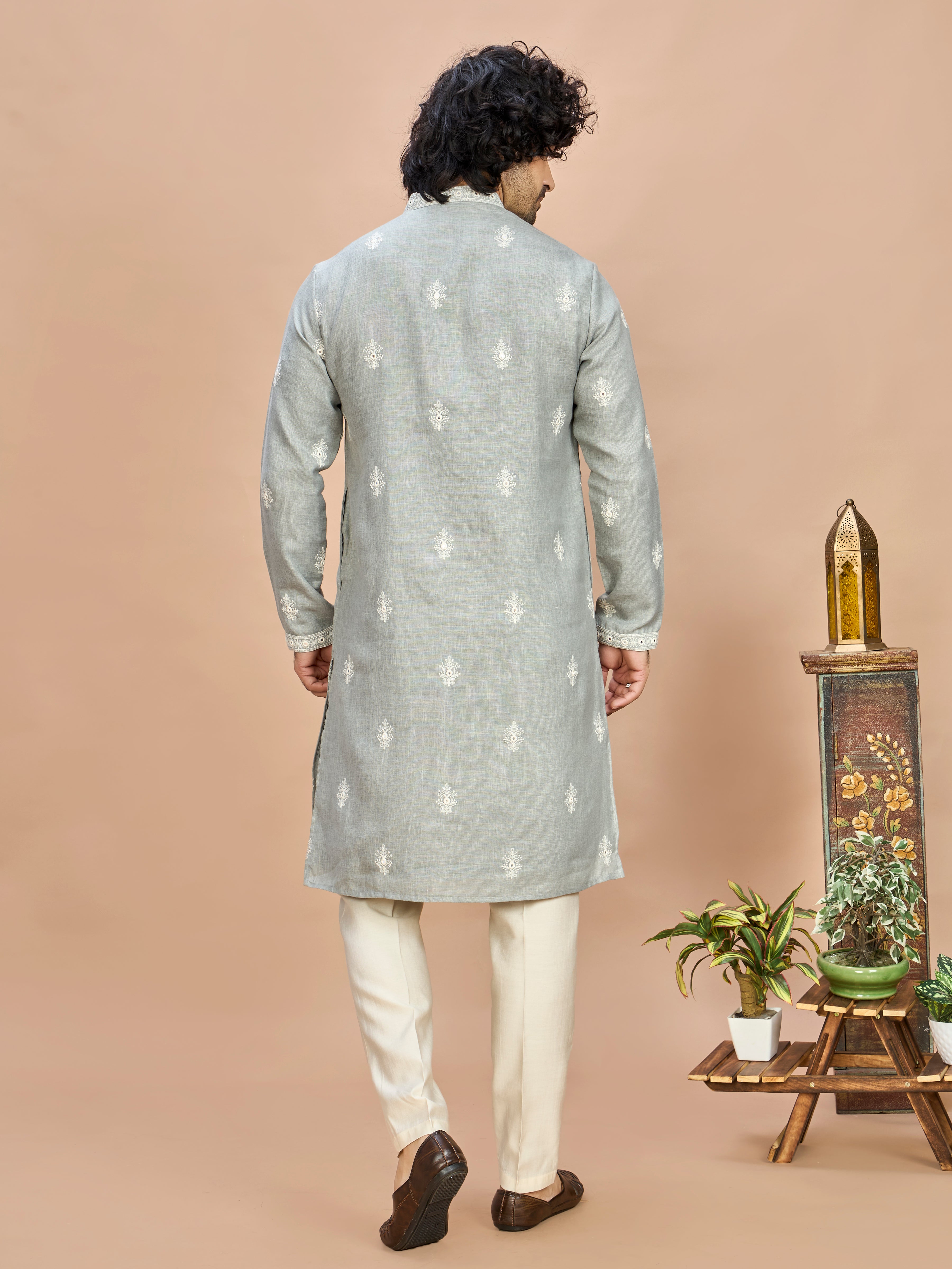 Light Grey Linen Embroidered Kurta Set for Men