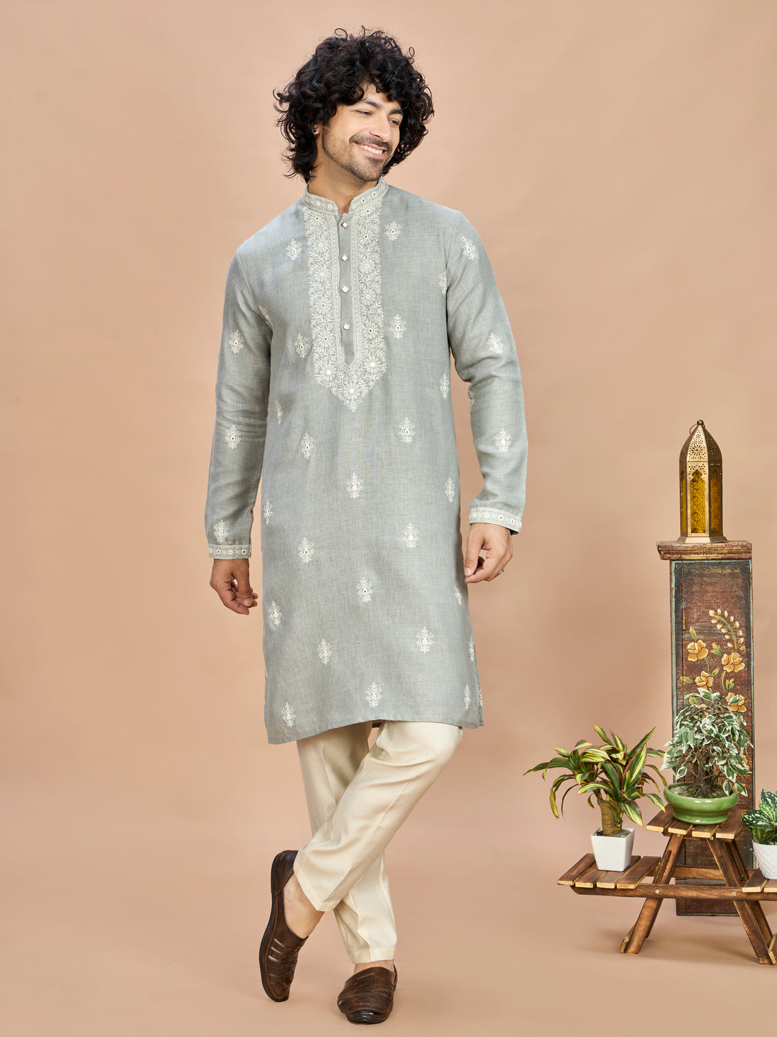 Light Grey Linen Embroidered Kurta Set for Men