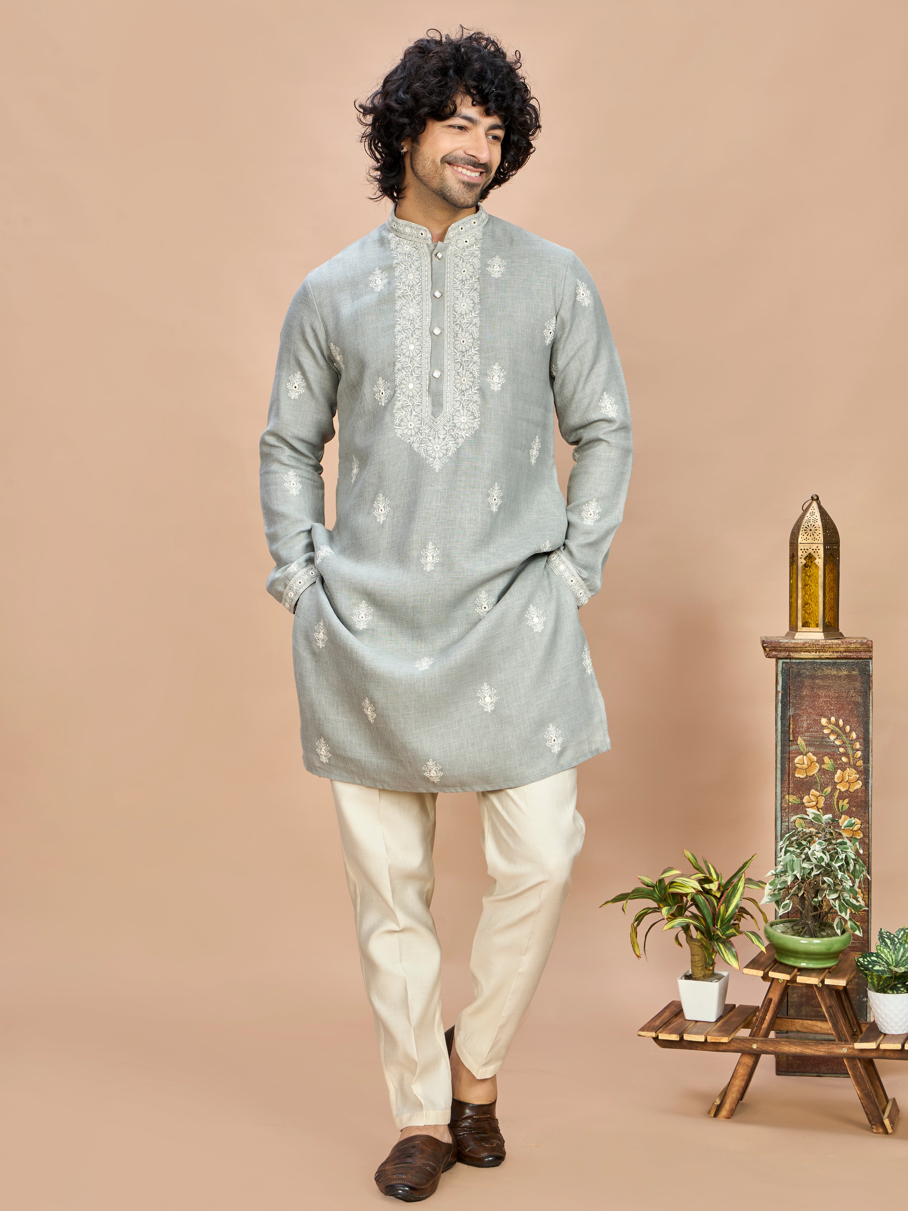 Light Grey Linen Embroidered Kurta Set for Men