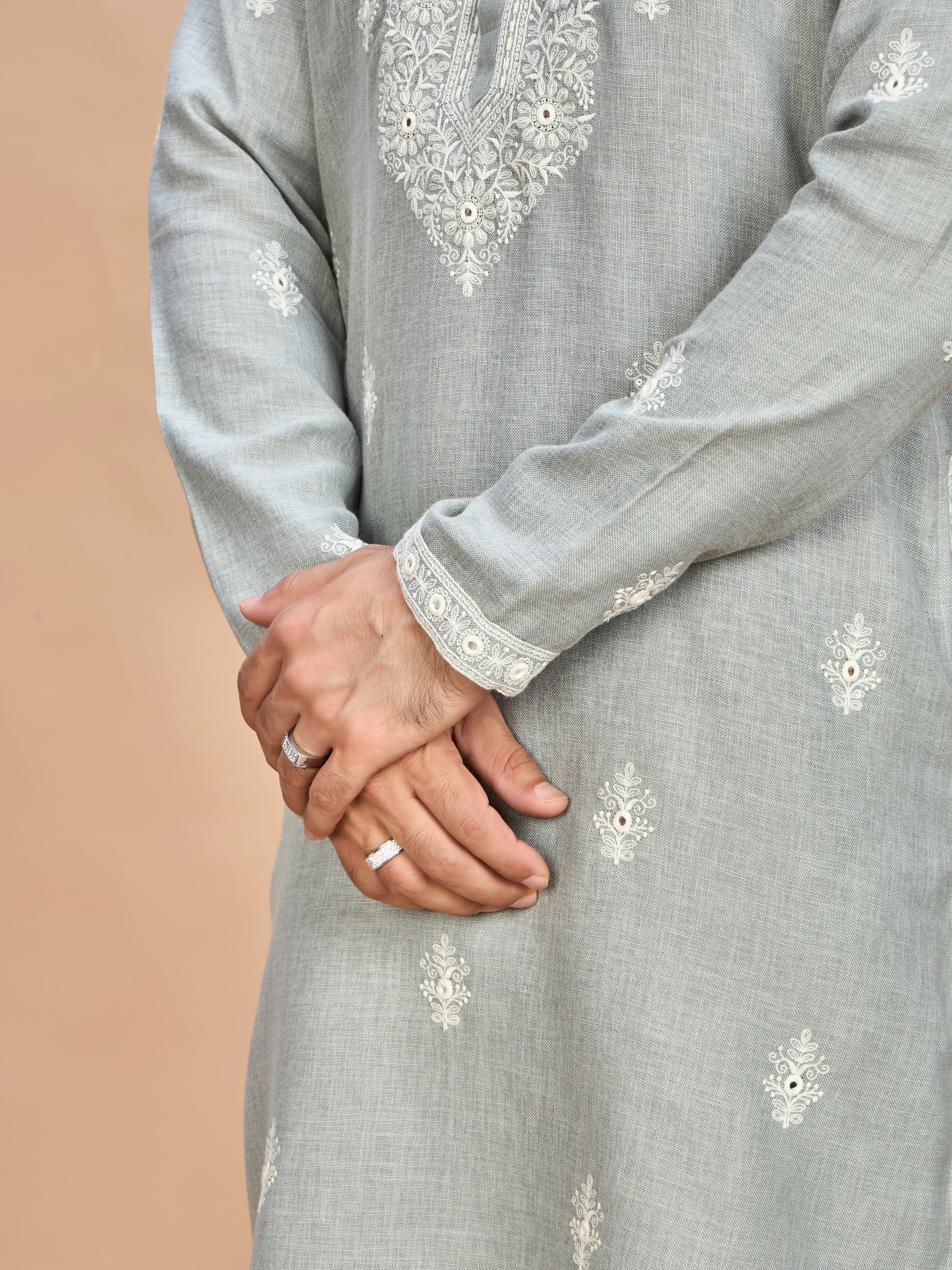 Light Grey Linen Embroidered Kurta Set for Men