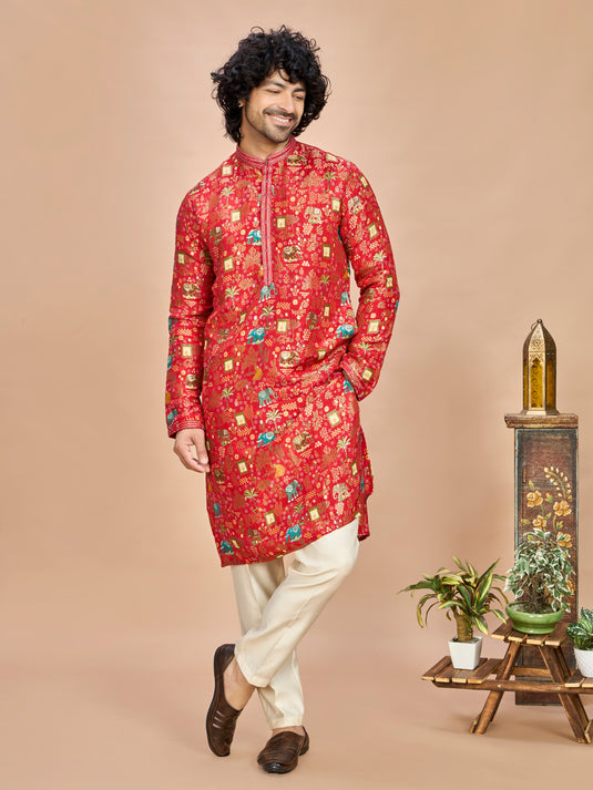 Red Silk Kurta Set for Men