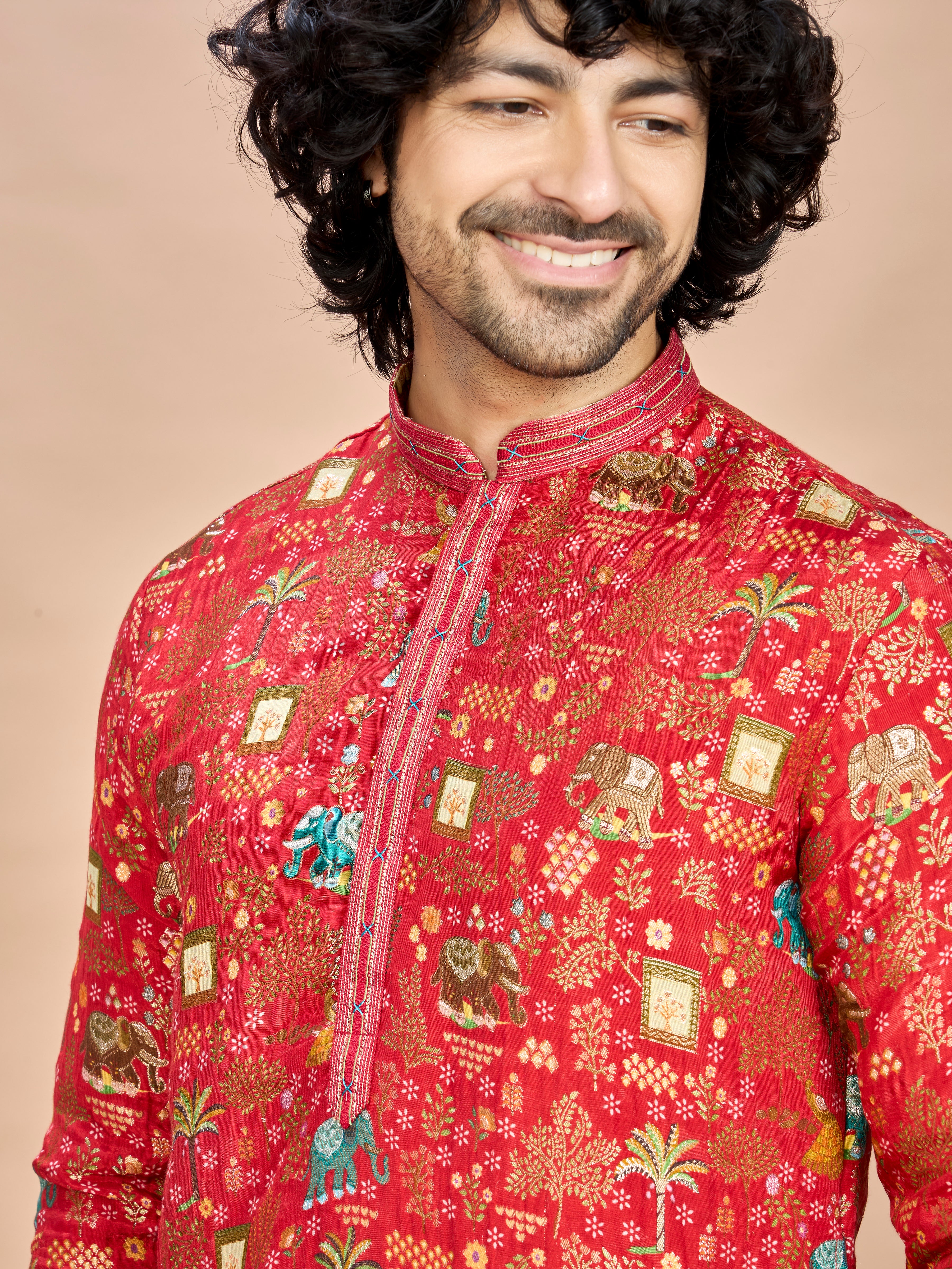 Red Silk Kurta Set for Men