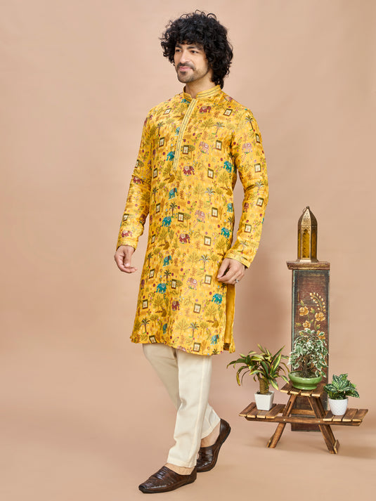 Yellow Silk Kurta Set for Men