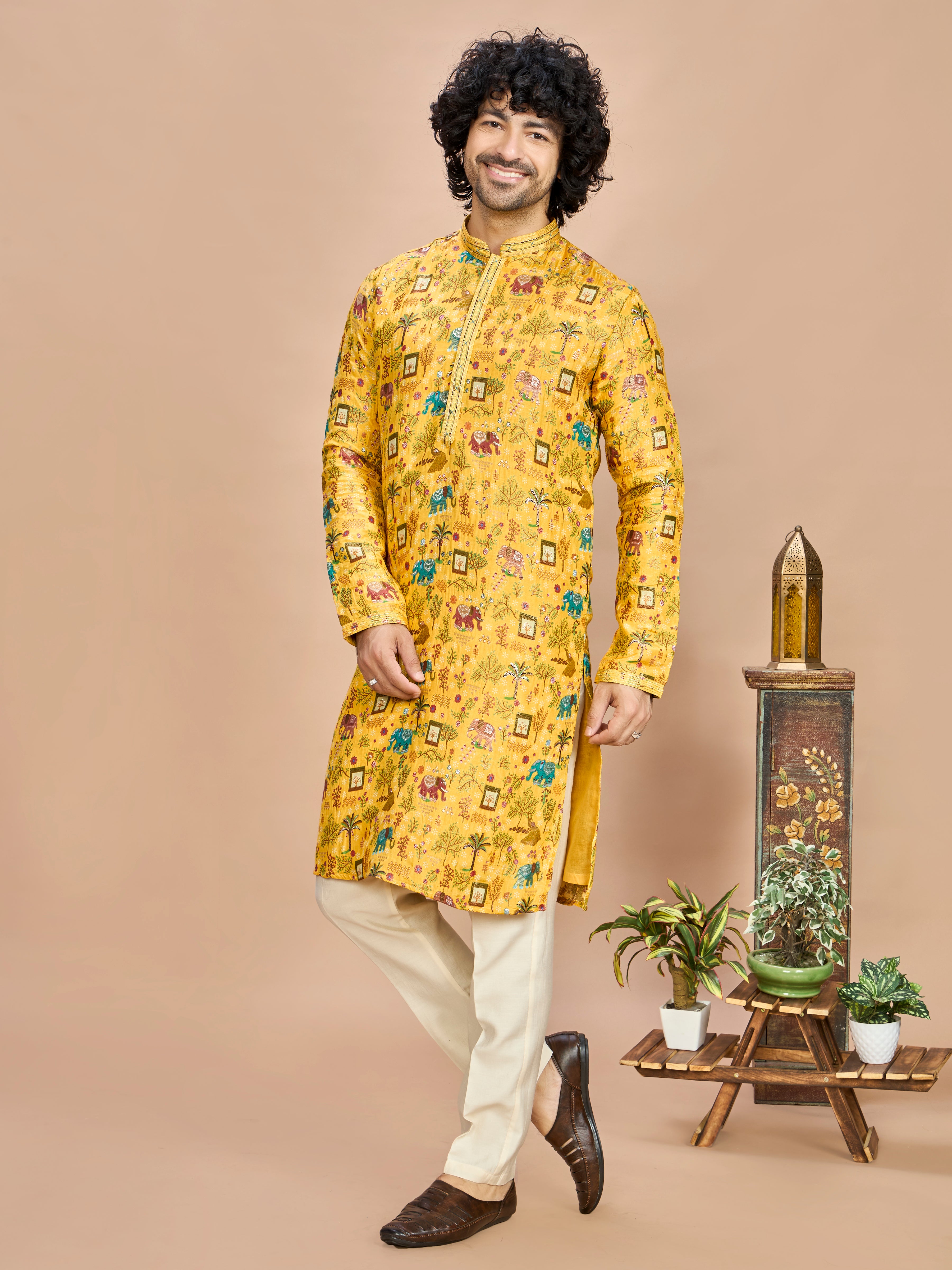 Yellow Silk Kurta Set for Men