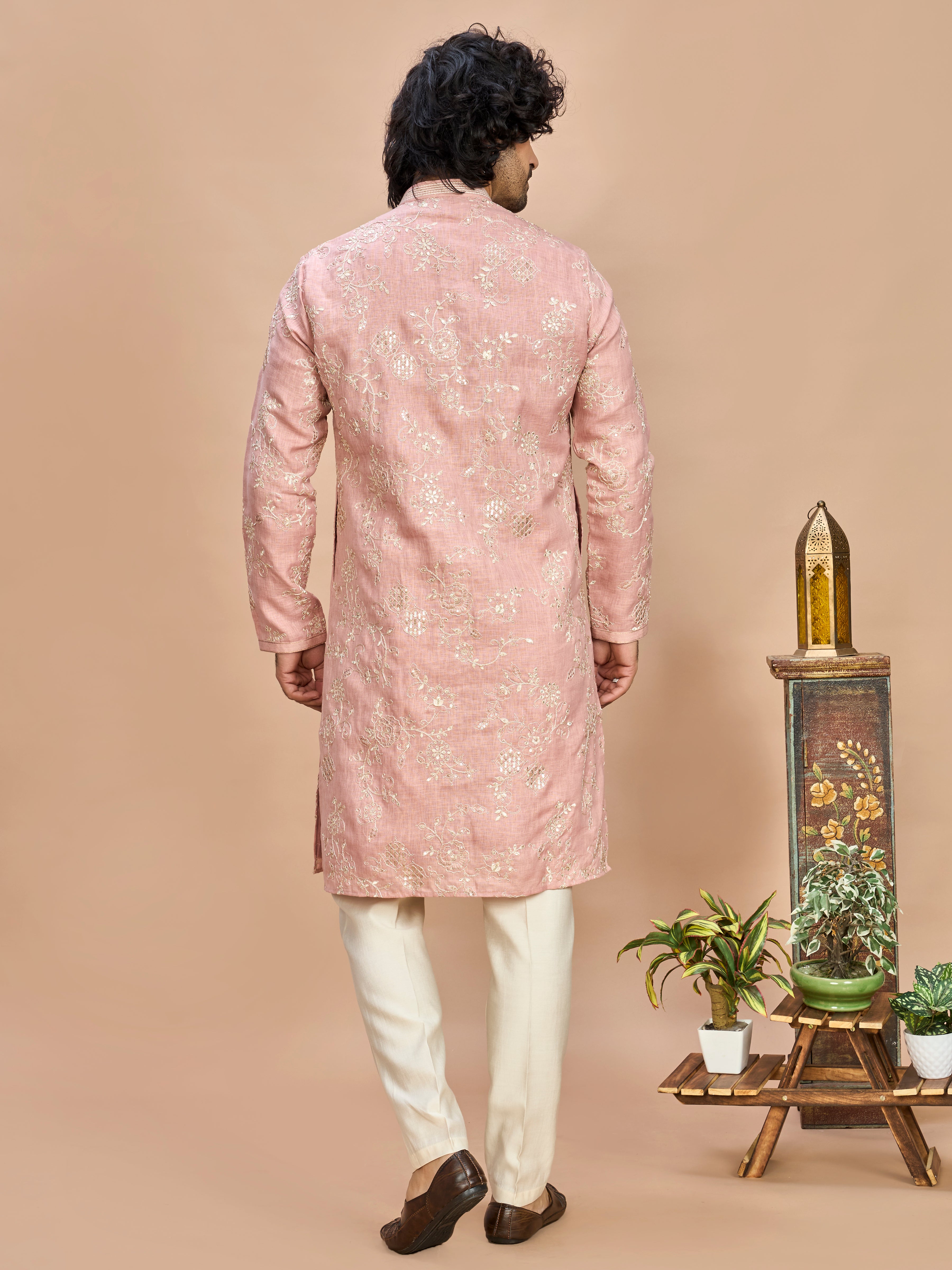 Peach Golden Embroidered Kurta for Men